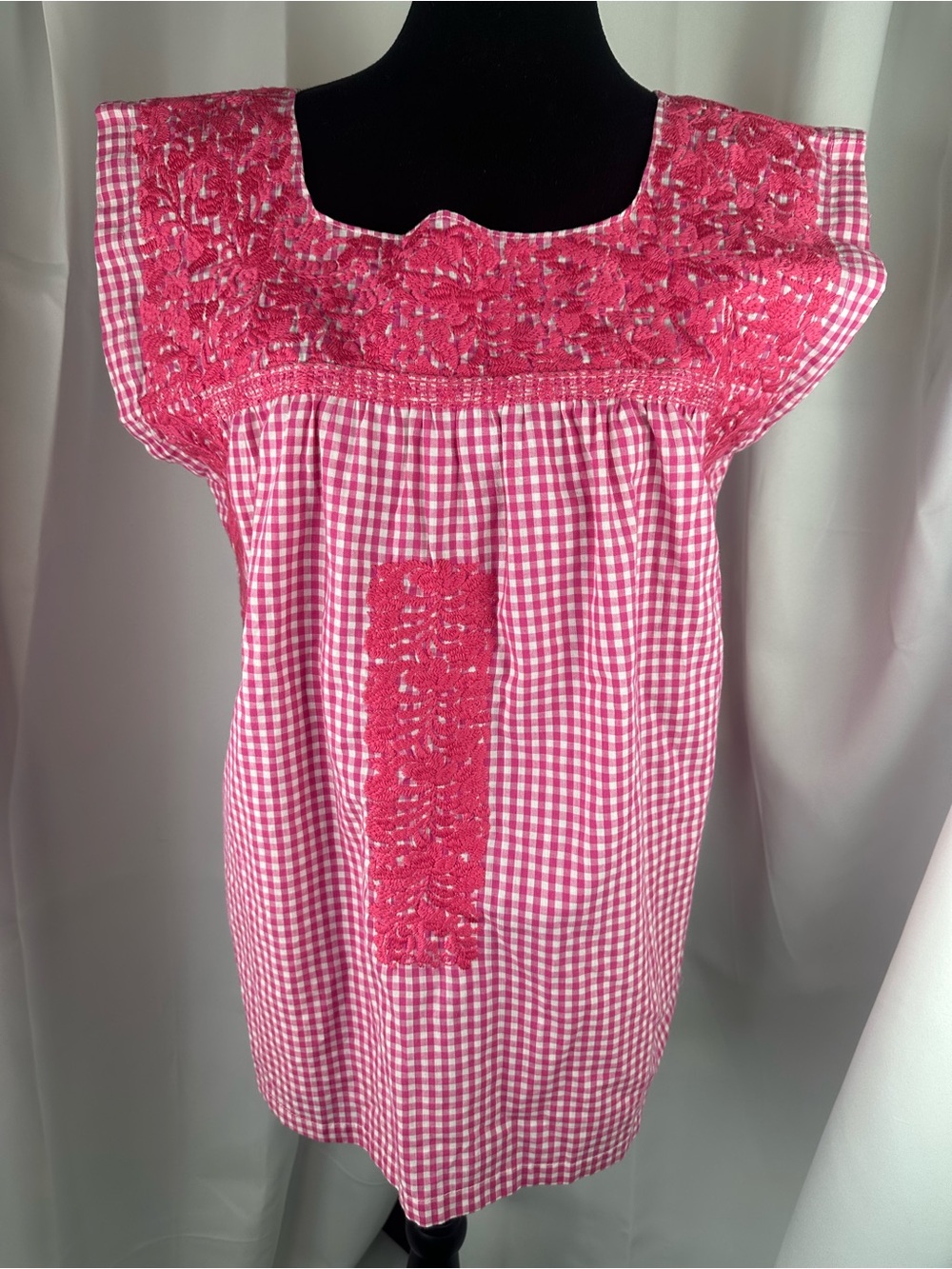 J. Marie Pink White Gingham Floral Embroidered Blouse Top Sz Large Lined Boho